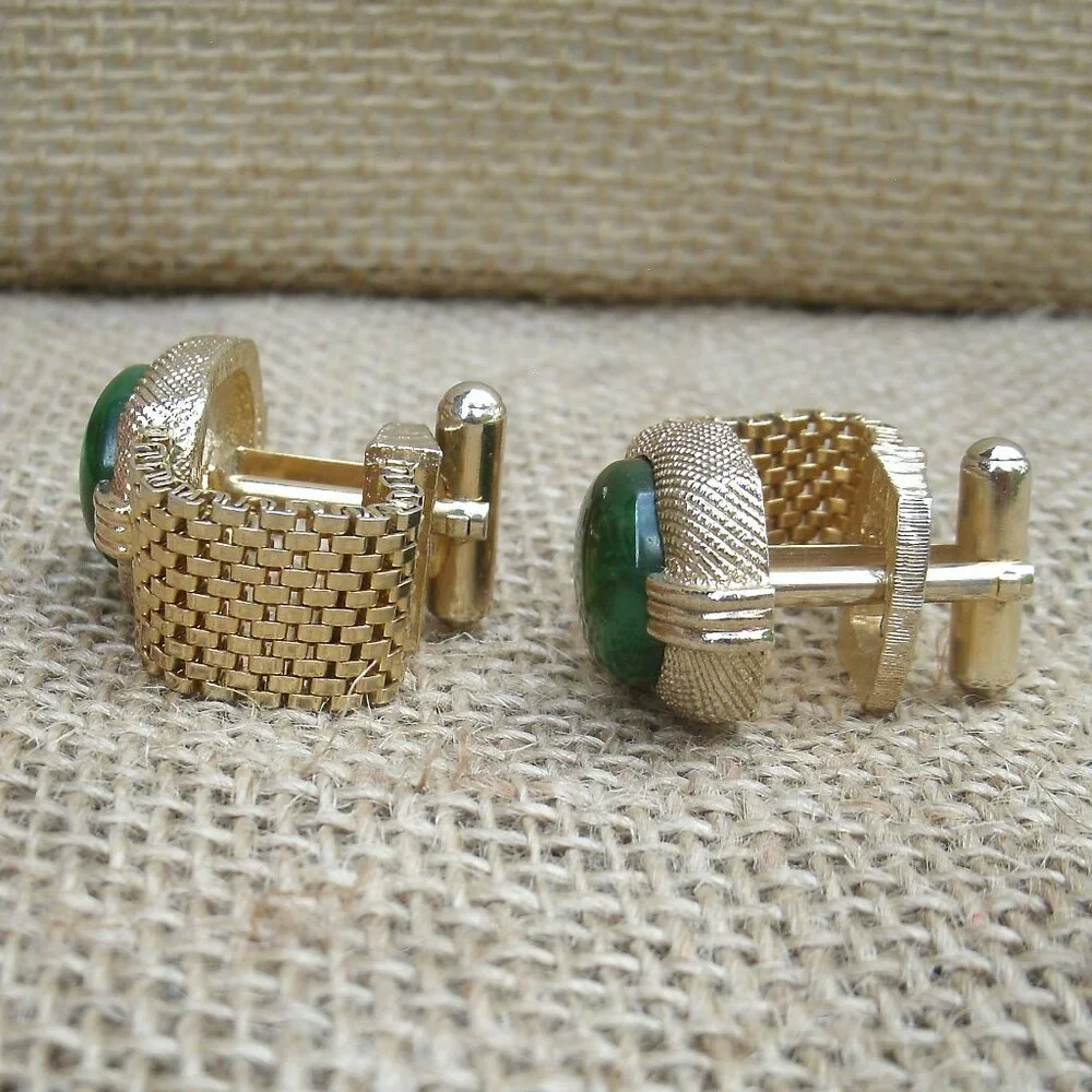 Vintage Swank Tie Tack & Cufflink Set Green & Gold